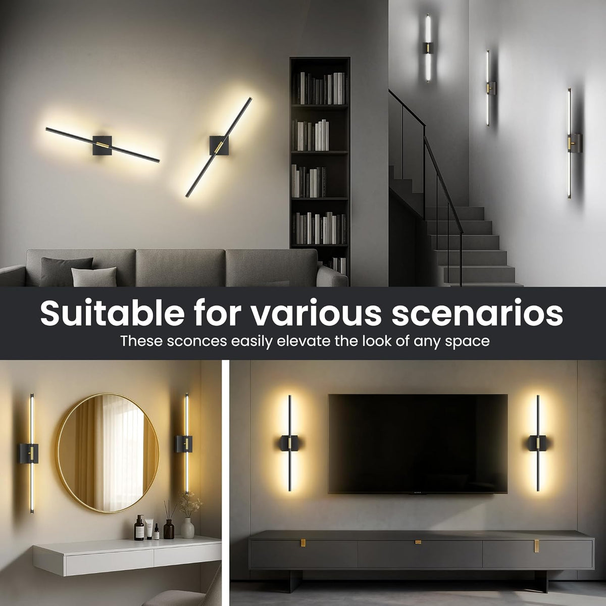 10000mAh Battery Operated Wall Sconces Set of 2, Black Gold-29Inch