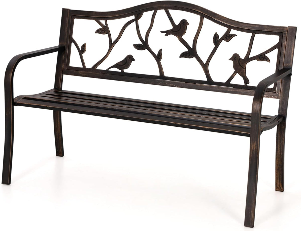 MFSTUDIO 50 Inches Outdoor Garden Bench Cast Iron Metal Bird Pattern Bronze