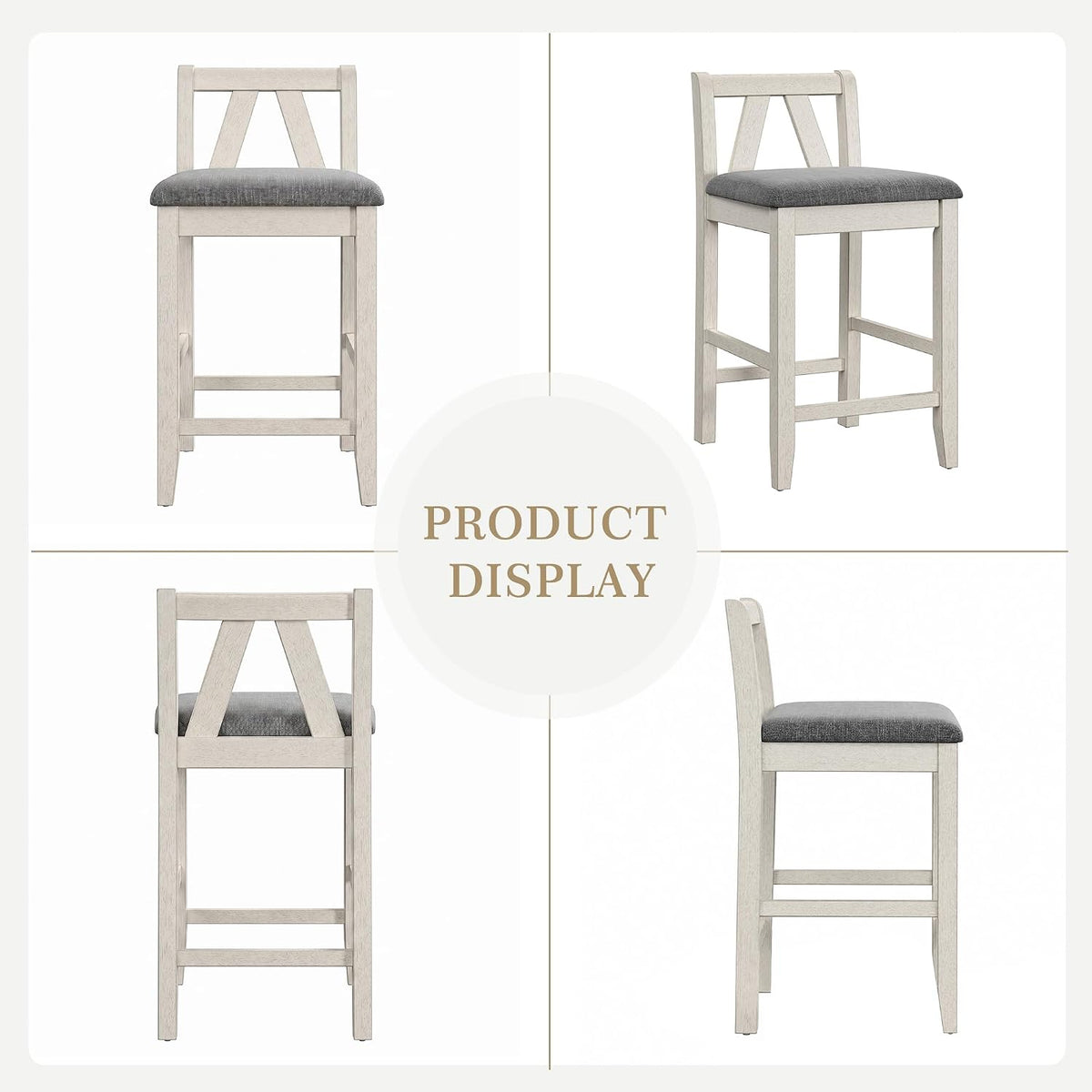 VECELO Counter Height Bar Stools Set of 2, 25" Solid Wood Barstools with Upholstered Cushioned Seat, Farmhouse High Top Chairs for Kitchen Island, Grey