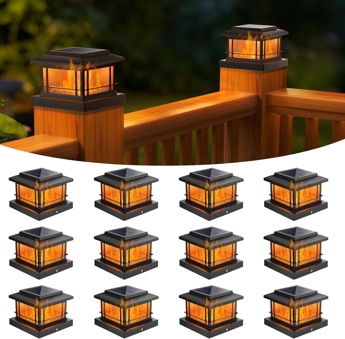 NIORSUN 4x4 Post Solar Lights with Flame Light &3 Color Temps,12 Pack Black