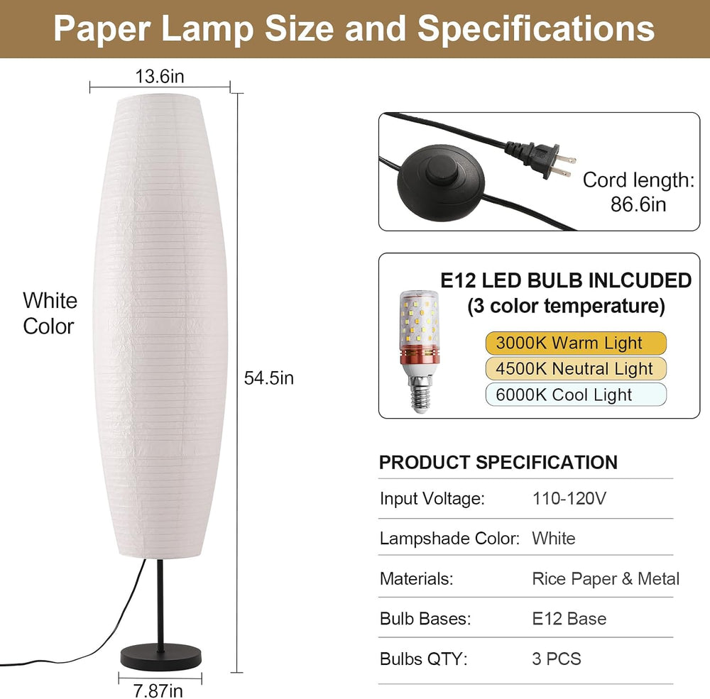 Paper Lamp Floor Lamp White Paper Lantern 3-Lights Bulbs Included