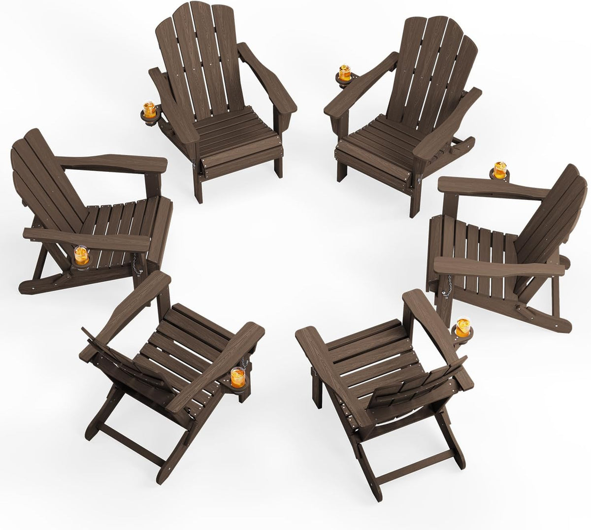 KINGYES Folding Adirondack Chair Set of 6 with Cup Holder, Coffee