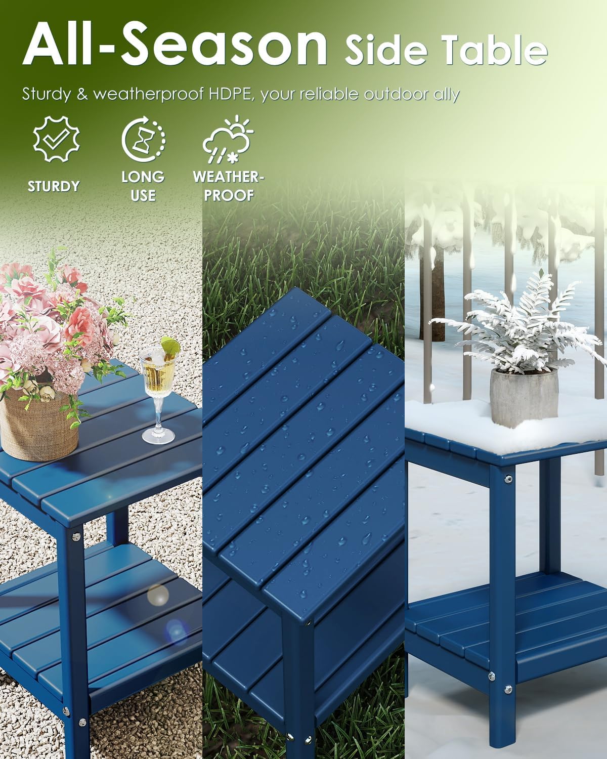GREENVINES Outdoor Side Table, HDPE 2-Tier Adirondack Tables, Blue