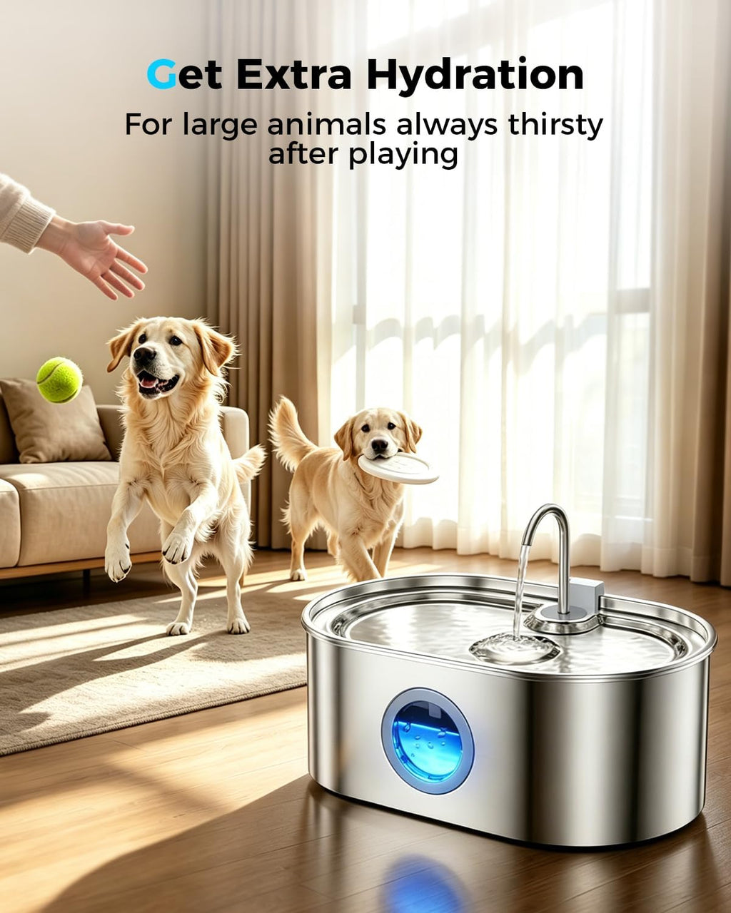 4.2Gal Extra Large Dog Water Fountain, 16L Stainless Steel Pet Water Fountain for Large Dogs, No Spill Dog Water Bowl Dispenser with Deeper Wider Bowl, 68-Cup Water Tank for Multi-Pet