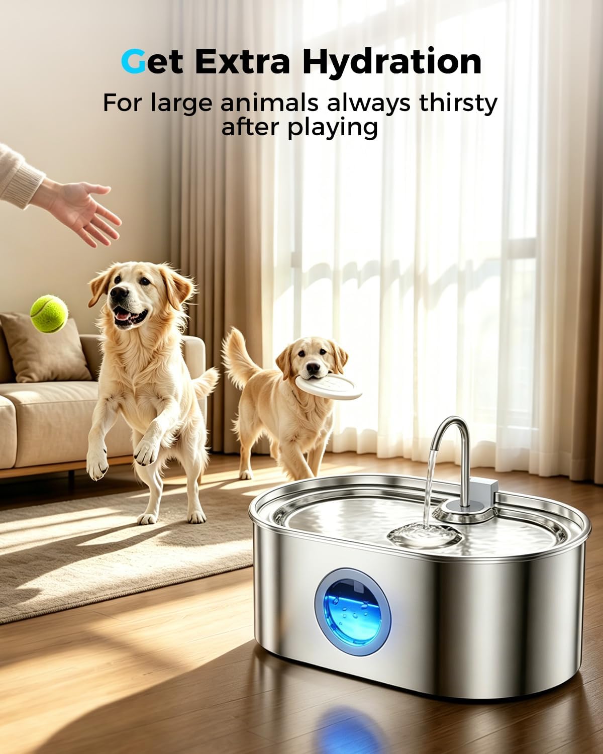 4.2Gal Extra Large Dog Water Fountain, 16L Stainless Steel Pet Water Fountain for Large Dogs, No Spill Dog Water Bowl Dispenser with Deeper Wider Bowl, 68-Cup Water Tank for Multi-Pet