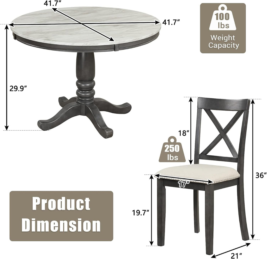 LUMISOL Round Dining Table Set for 4, Farmhouse Kitchen Table Set with Faux Marble Table Top & 4 Upholstered Chairs for Kitchen, Dining Room, Small Space, Muddy Gray