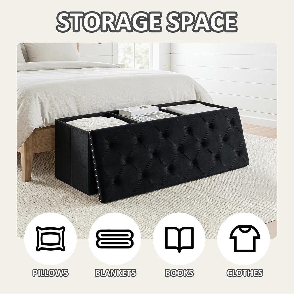 PINPLUS Folding Storage Ottoman Bench, Black Velvet