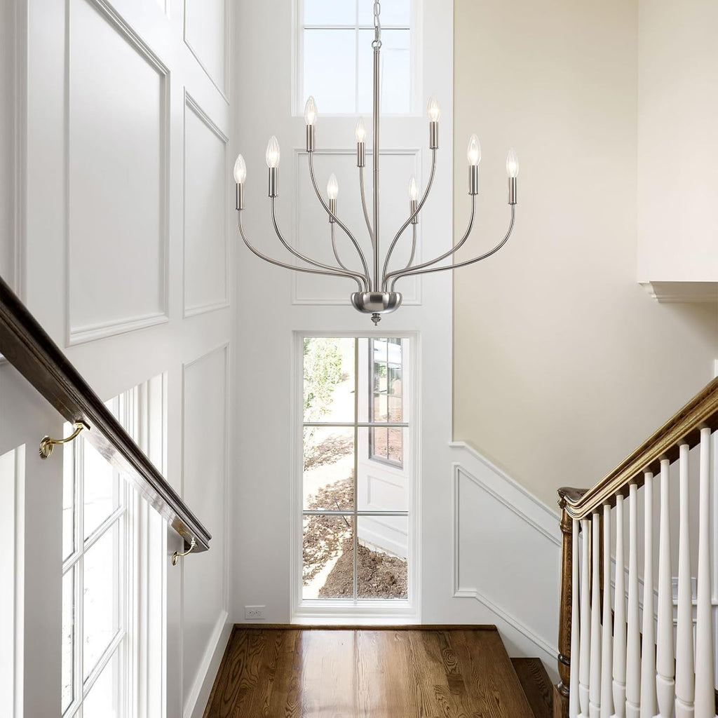 Brushed Nickel Chandelier, 9-Light Farmhouse Chandelier for Dining Room Lighting Fixture, 28'' Rustic Industrial Modern Candle Chandelier for Bedroom, Kitchen, Living Room, Foyer and Hallway