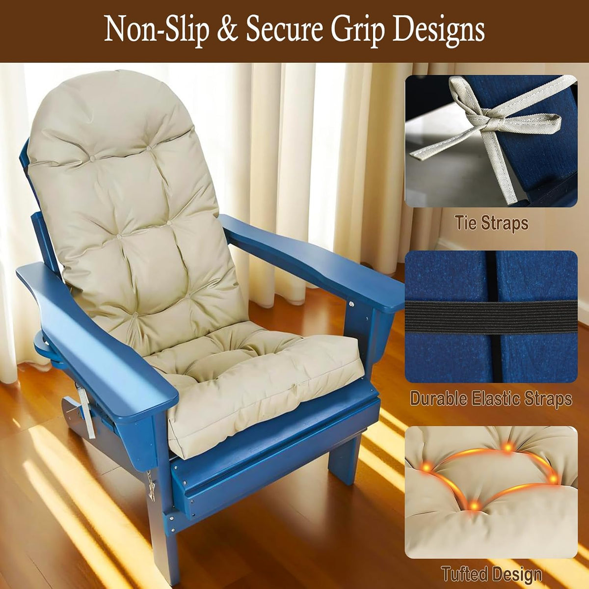 Outdoor Adirondack Chair Cushions Set of 2, Waterproof Patio Rocking Chair Cushions High Back, Thickened Patio Chair Pad for Indoor with Tie Straps,48x19x4 inches (2, Kahaki)