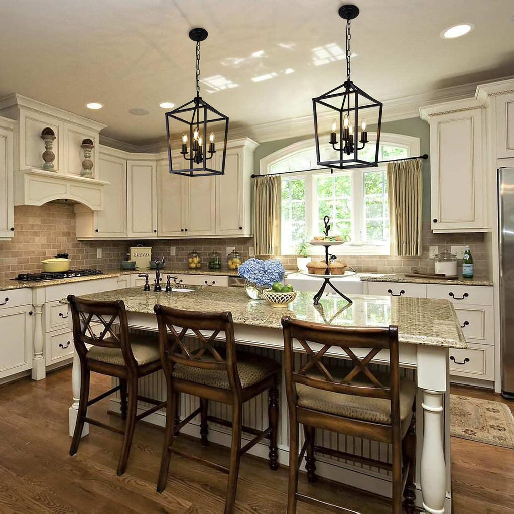 4-light black farmhouse chandelier iron lantern pendant light on a desk or shelf