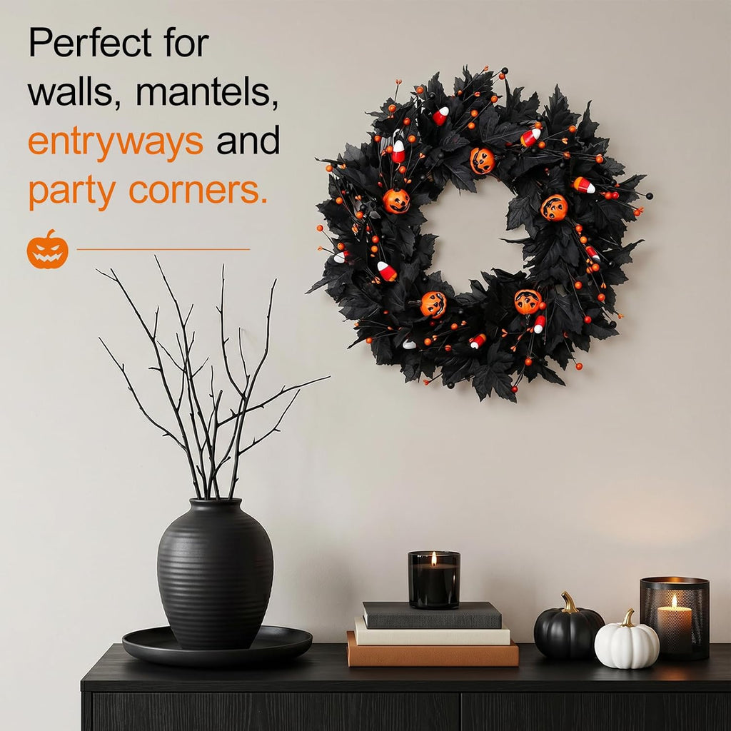 Pumpkin Halloween Wreath 24 Inch Black Maple Leave Wreaths for Front Door with Ghost Pumpkin Orange Berries for Indoor Window Wall Halloween Party
