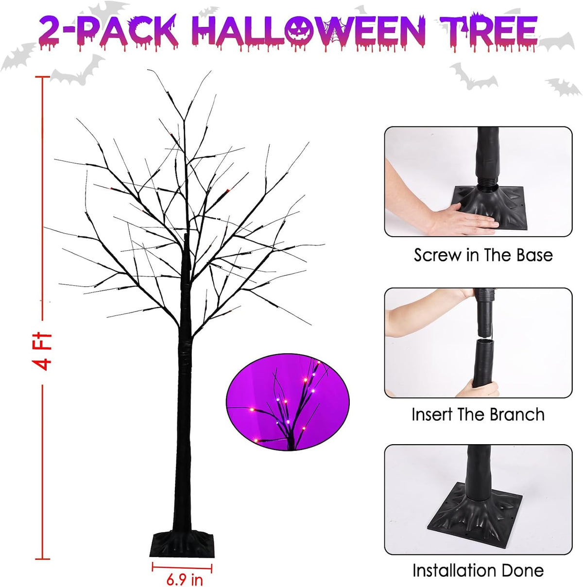 2 Pack 4 FT Lighted Black Halloween Tree Lights with 100 LED Orange Purple