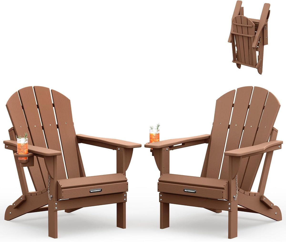 MUCHENGHY Folding Adirondack Chairs Set of 2, HDPE Patio Chair, Teak