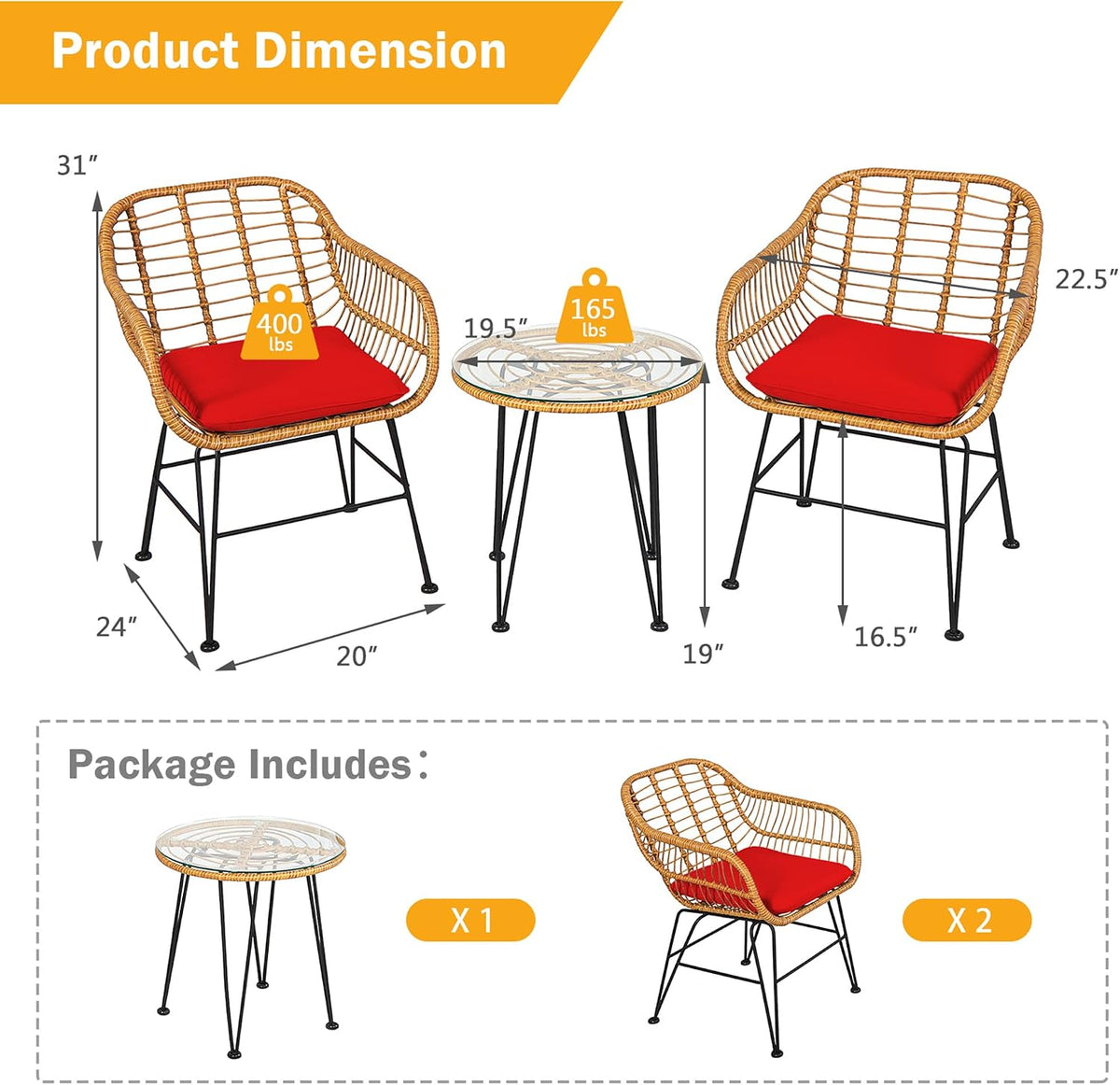 DORTALA 3 Piece Outdoor Bistro Set, Small Patio Furniture Set with with Metal & Wicker Frame, Tempered Glass Tabletop, All-Weather Table and Chairs for Backyard, Balcony, Poolside, Red