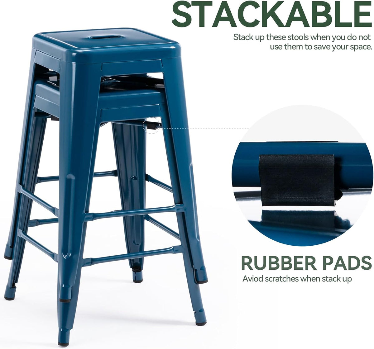 24 Inch Metal Bar Stools Set of 2, Stackable for Indoor Outdoor, Deep Blue