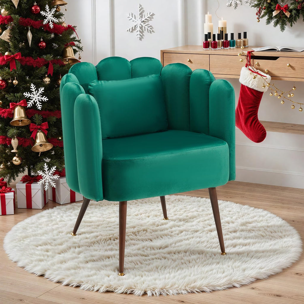 HOMREST Velvet Vanity Chair with Back,Mid-Century Modern Small Accent Chair for Living Room,Petal Backrest Decorative Chair,Pillow & Metal Legs-Plush Lounge Chair for Vanity,Living Room,Bedroom-Green