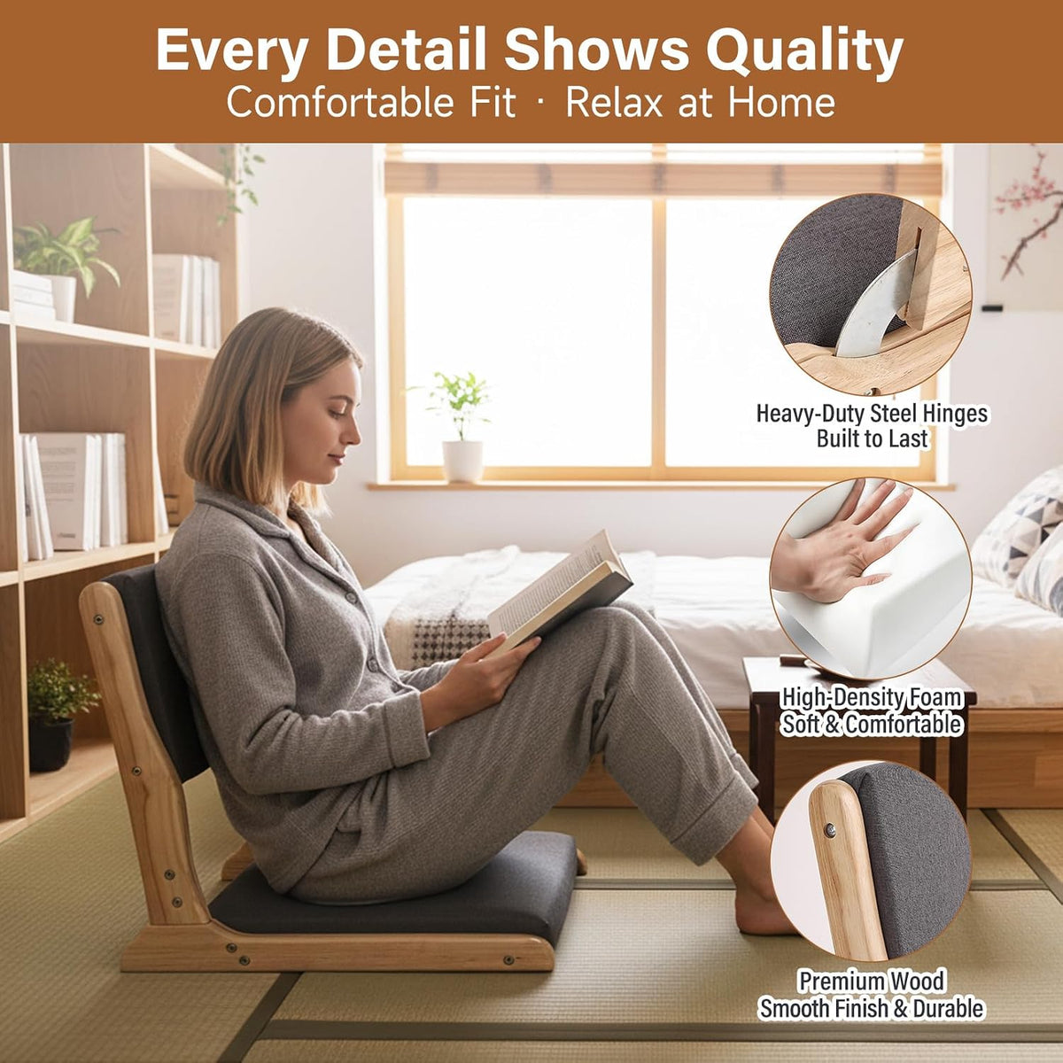 Tiita 2-Pack Foldable Meditation Floor Chairs, Back Support, Wood Dark Grey