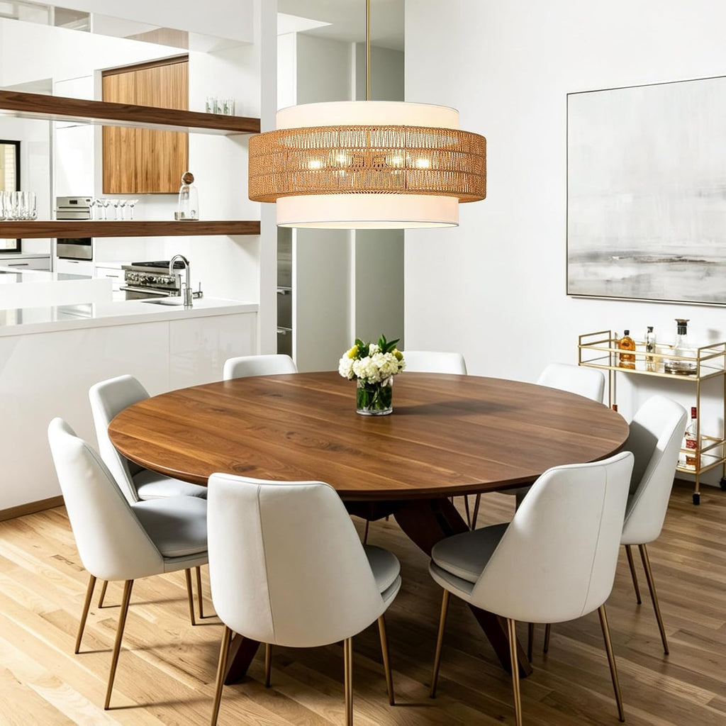 25.6" rattan chandelier for dining room, 6-light boho on a desk or shelf