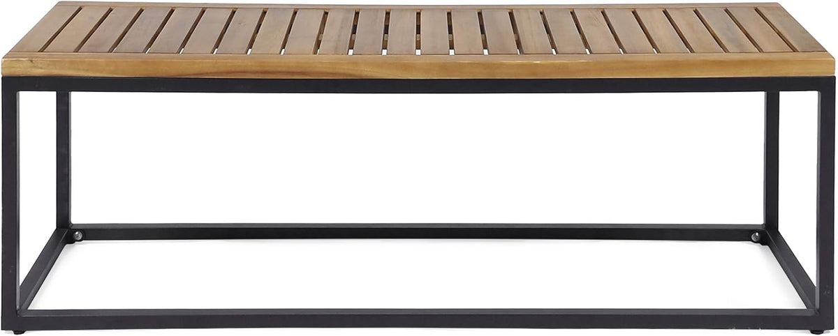 Drew Outdoor Industrial Acacia Wood and Iron Bench, Teak and Black