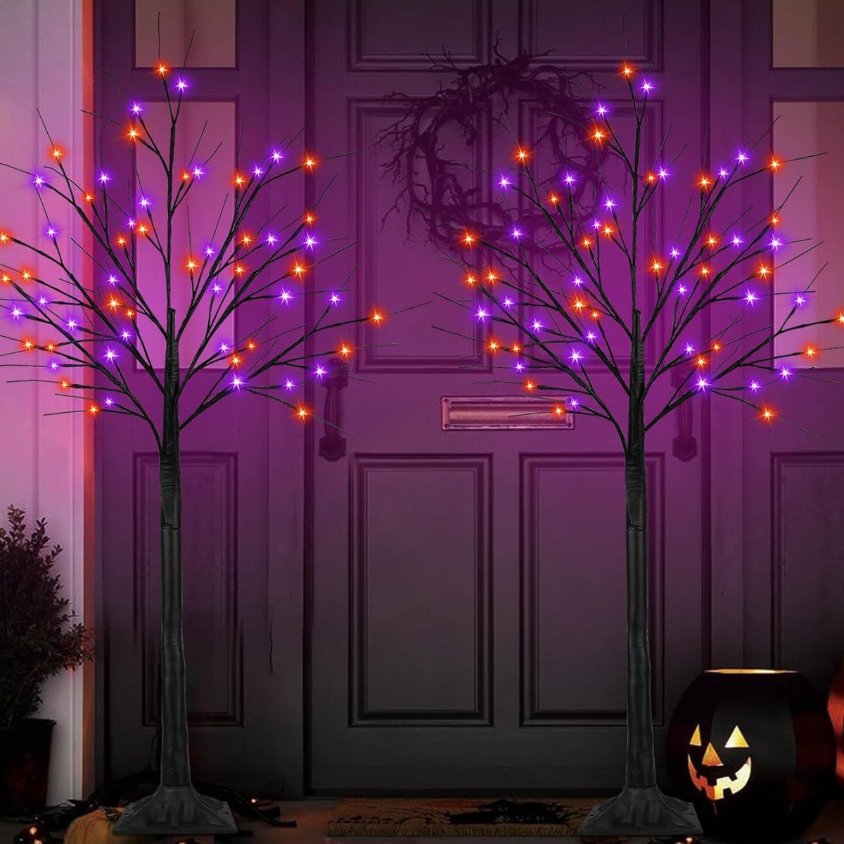 2 Pack 5FT Black Halloween Tree with 200 LED Orange and Purple Lights
