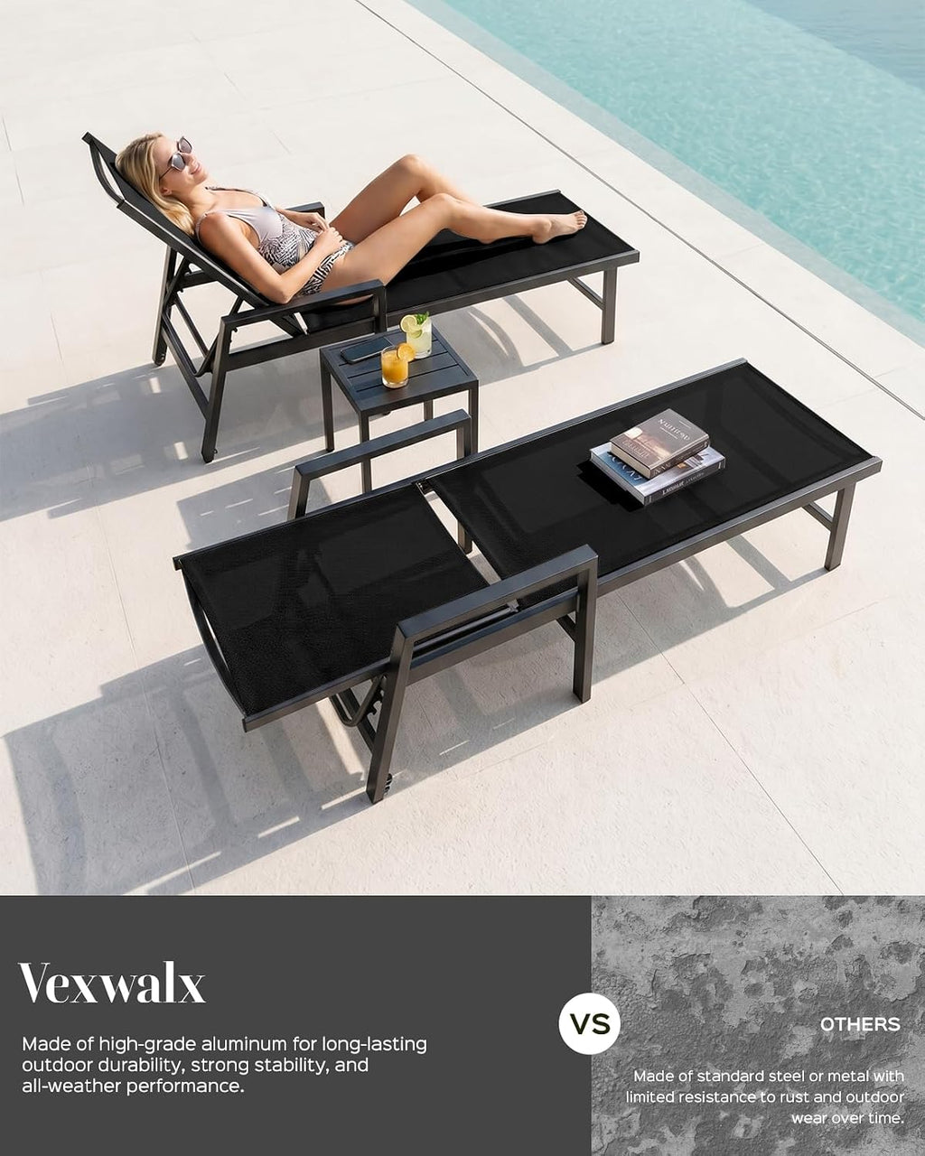 Vexwalx Patio Chaise Lounge Chair Outdoor with Wheels&Armrests, Aluminum Pool Lounge Chairs 5-Position Adjustable Recliner, Outdoor Beach Lounge Chairs for Outside, Patio, Deck, Yard, Black