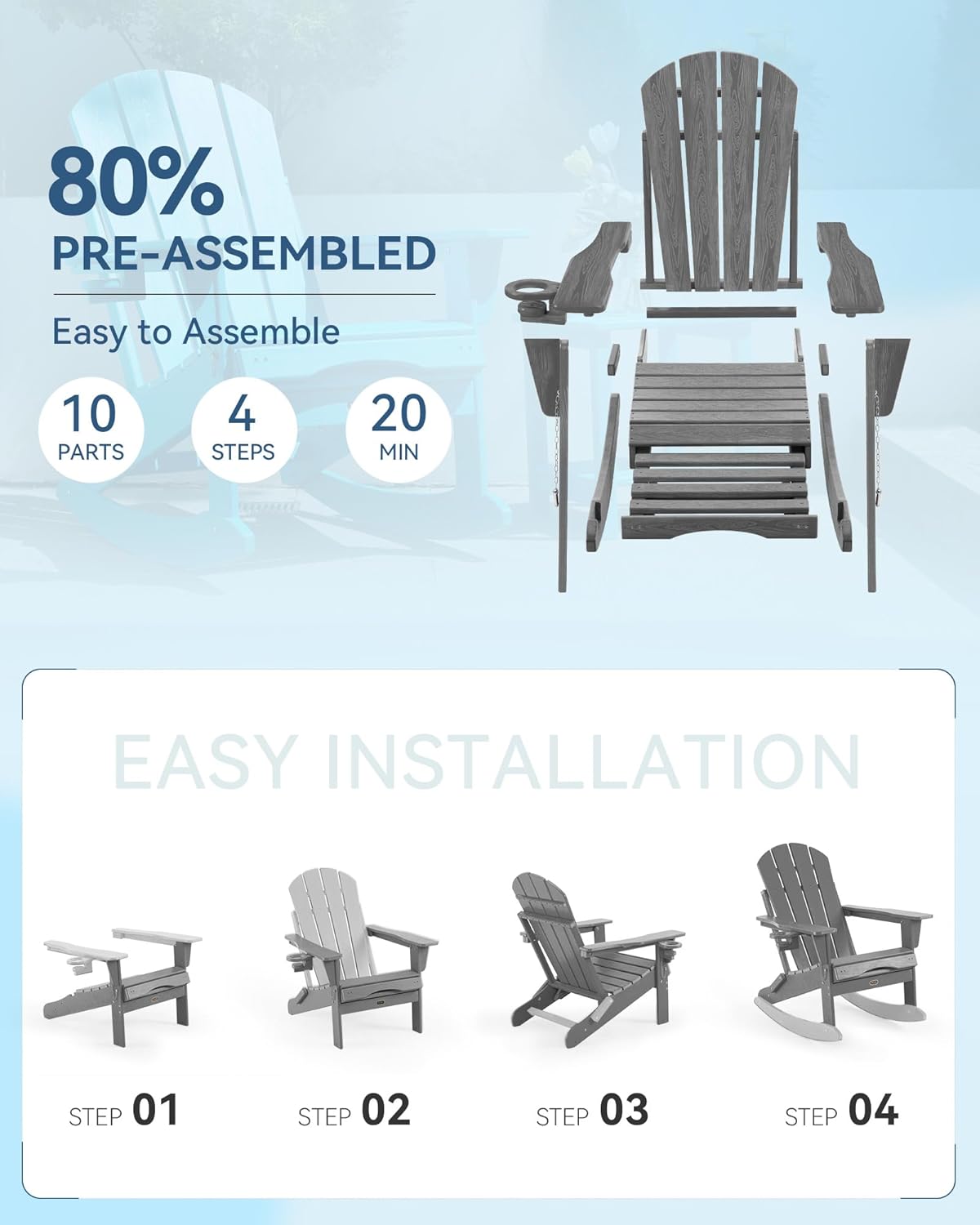 Folding Adirondack Rocking Chair with Footrest, HDPE Adirondack 4-in-1 Multifunctional Outdoor Chair with Cup Holder, All Weather Adirondack Chair with Ottoman,Grey