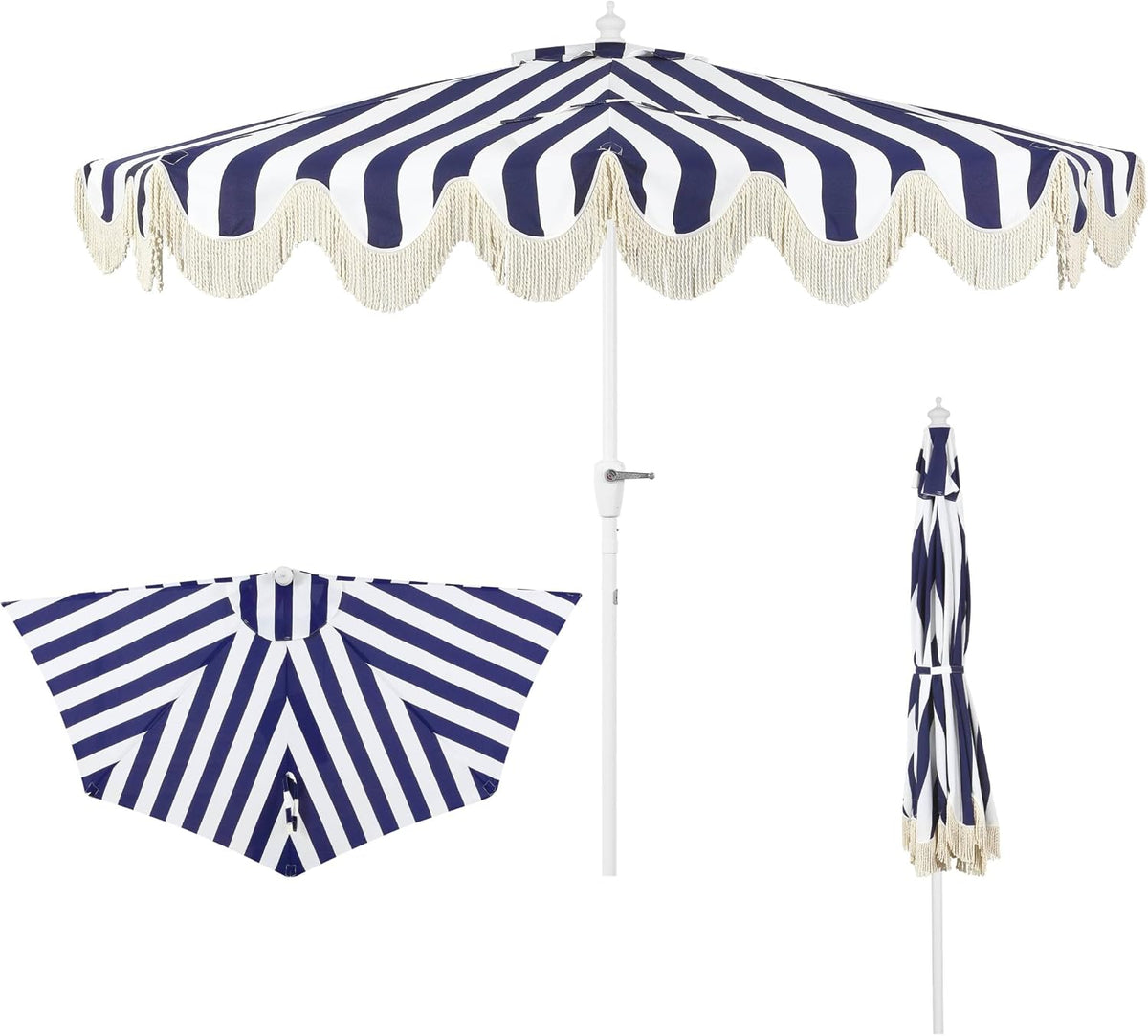 JONATHAN Y Beverly 9 ft. Striped Half Umbrella, Navy/White