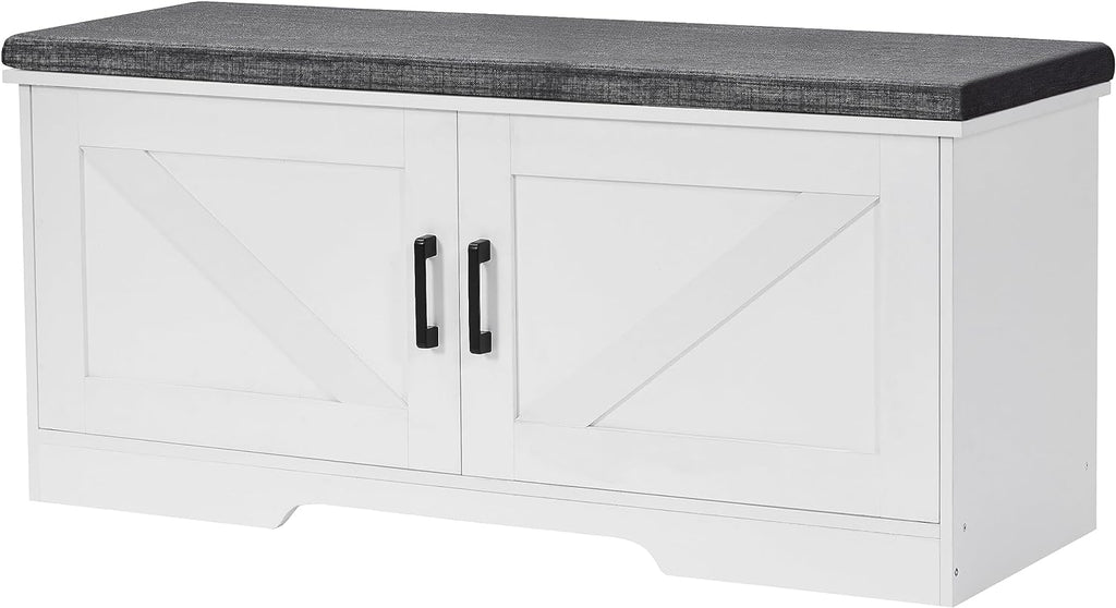 HOMSHO Farmhouse Shoe Storage Bench with 2 Barn Doors & Padded Seat Cushion