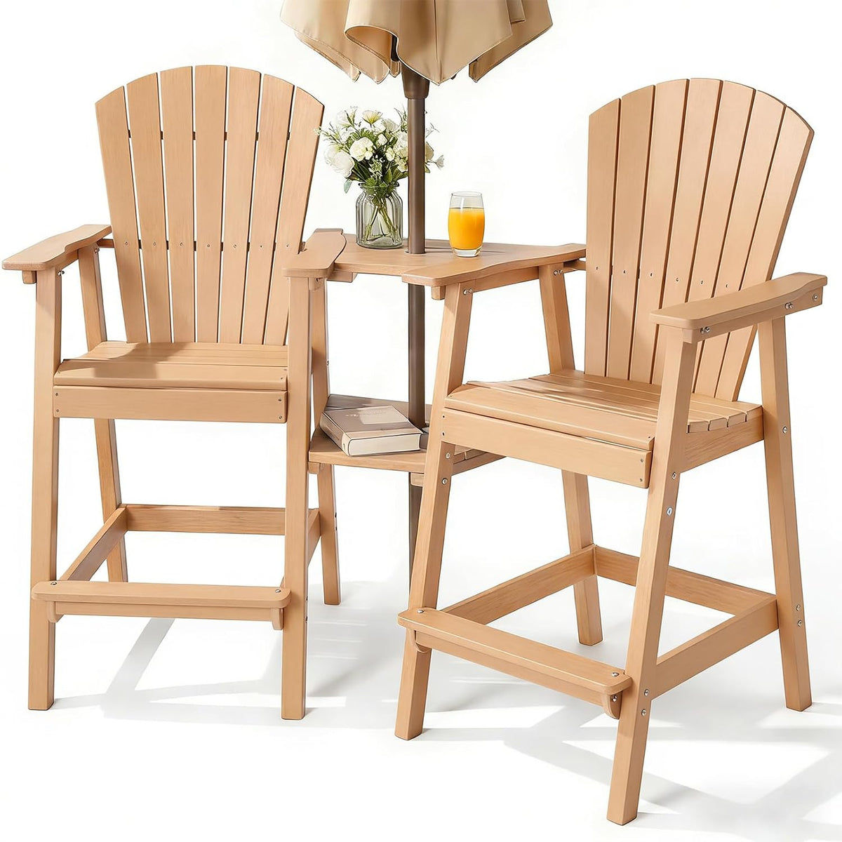 PASAMIC Tall Adirondack Chair Set of 2, All-Weather HDPE Outdoor Chairs with Removable Double Trays, Bar Height Adirondack Chairs for Balcony, Deck, Patio, Backyard, Orange