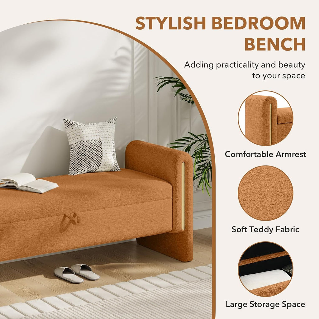 NIOIIKIT 52" Storage Ottoman Bench, Teddy Upholstered Storage Bench with Armrest, Entryway Bench with Pull-Ring, End of Bed Bench, Window Bench for Living Room (Coffee)