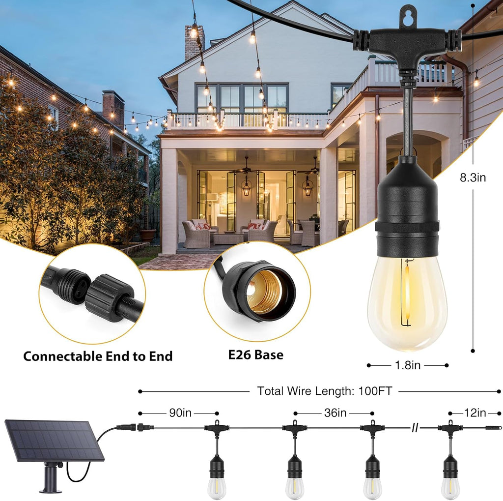 ZJOJO Solar String Lights Outdoor Waterproof 100FT Edison String Lights