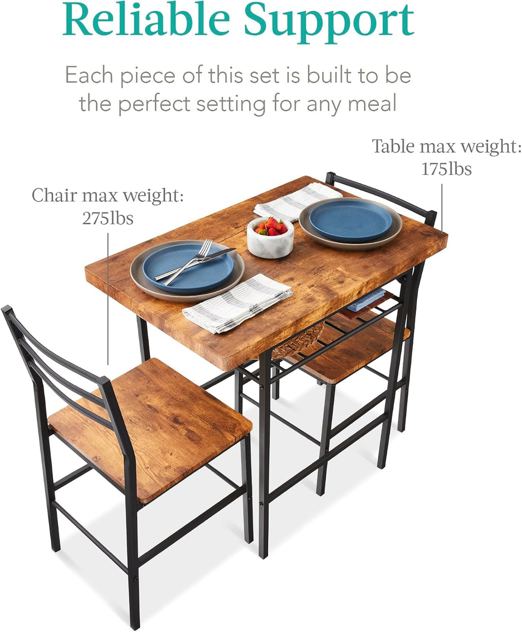 Best Choice Products 3-Piece Modern Dining Set, Space Saving Dinette for Kitchen, Dining Room, Small Space w/Steel Frame, Built-in Storage Rack - Medium Brown/Black