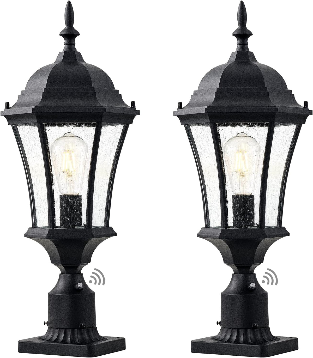 24 Inch Large Dusk to Dawn Outdoor Post Lights Aluminum Black Exterior Post Pole Lamps Outside Pathway Column Lights, Outdoor Pier Mount Light with Seeded Glass, LMMS4610-M-BK-2P