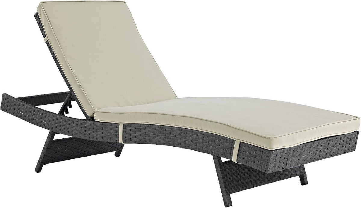 Modway Sojourn Wicker Rattan Outdoor Patio Sunbrella Fabric Chaise Lounge in Antique Canvas Beige
