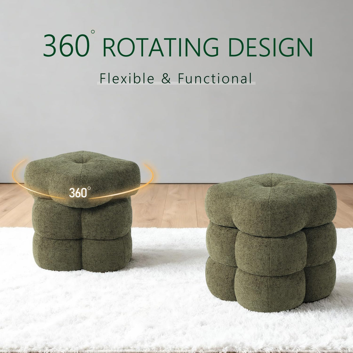 Get Set Style 360° Swivel Flower Ottoman, Linen Vanity Stool Footrest with 300LBS Capacity, No Assembly Small Space Accent Chair for Living Room Bedroom Entryway (Olive Green)