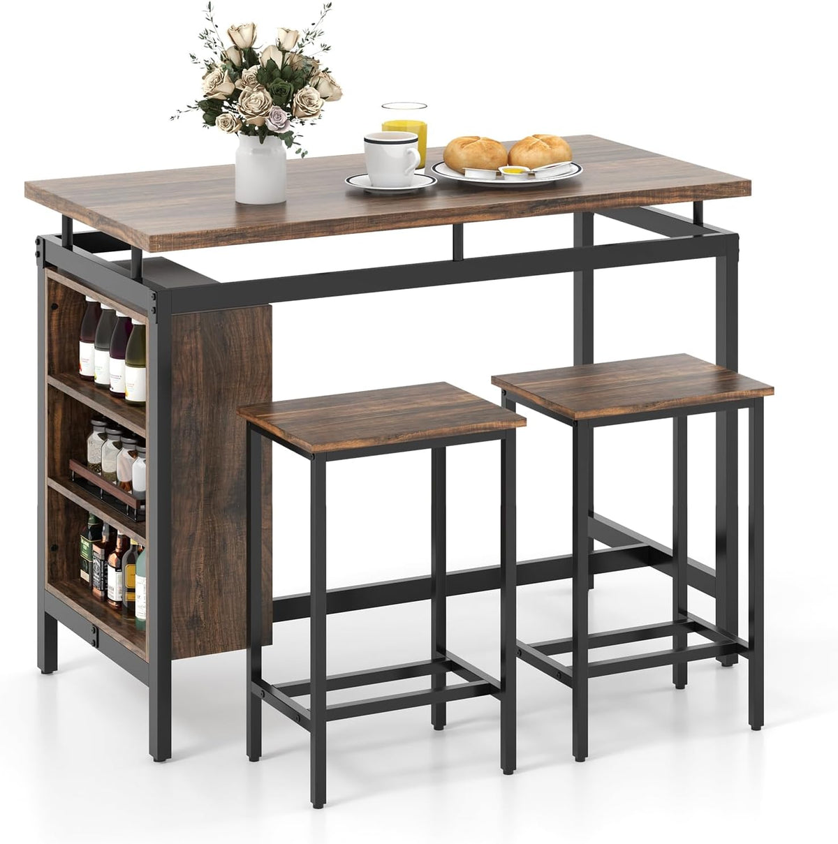 GIANTEX 3-Piece Dining Table Set - Counter Height Dining Table Set with 2 Bar Stools, 3-Tier Storage Shelf, Space-Saving Breakfast Nook Table Set for Small Places, Kitchen Table Chairs Set for 2