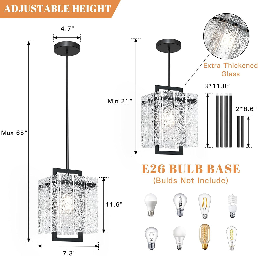 Modern Black Rectangle Chandelier, Black 7" Pendant Lights Kitchen Island with Water Ripple Glass, Pendant Light Fixtures for Dining Room, Living Room, Kitchen Island