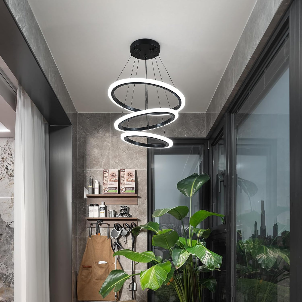 O'NEELDY Modern 3 Ring LED 52W Black Pendant Light with Irregular Ring Lights Adjustable Hanging Lamp for Dining Room Bedroom Kitchen Island Cafe