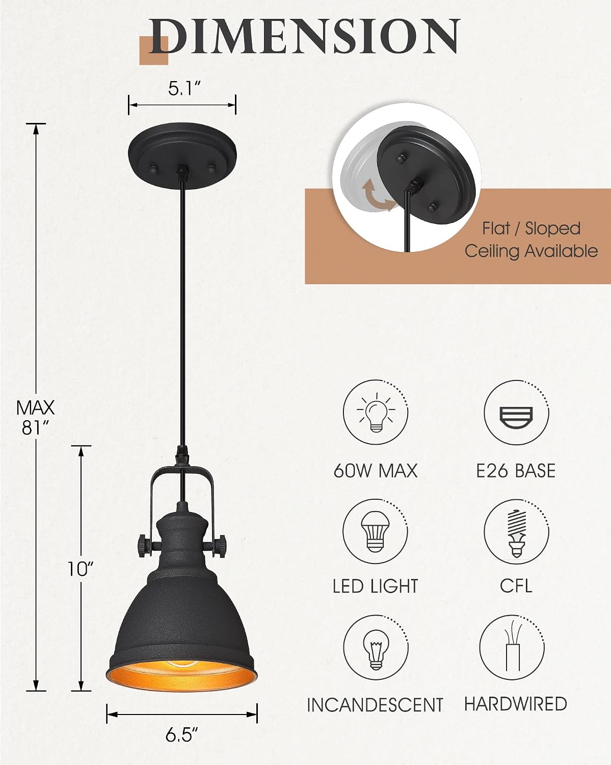2-Pack Black Pendant Lights Kitchen Island, 6.5" Metal Shade