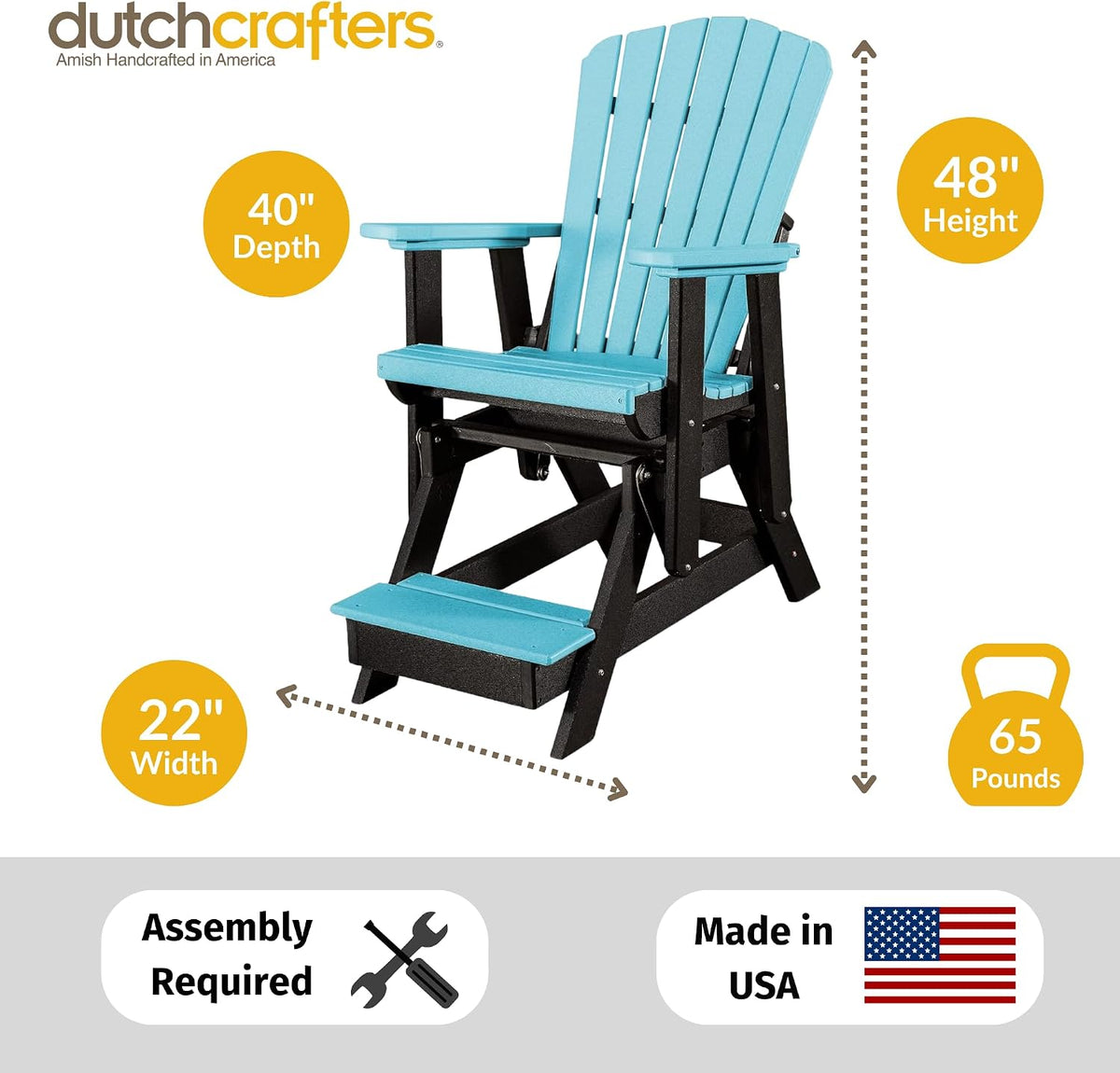 DutchCrafters Slat Fan Back Poly Balcony Adirondack Glider with Footrest Outdoor Patio Chair (Black & Aruba Blue)