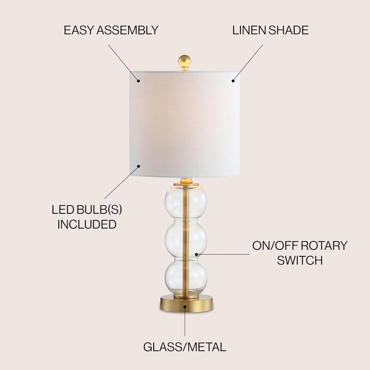 JONATHAN Y February 21" Stacked Sphere Table Lamp, Clear/Brass Gold