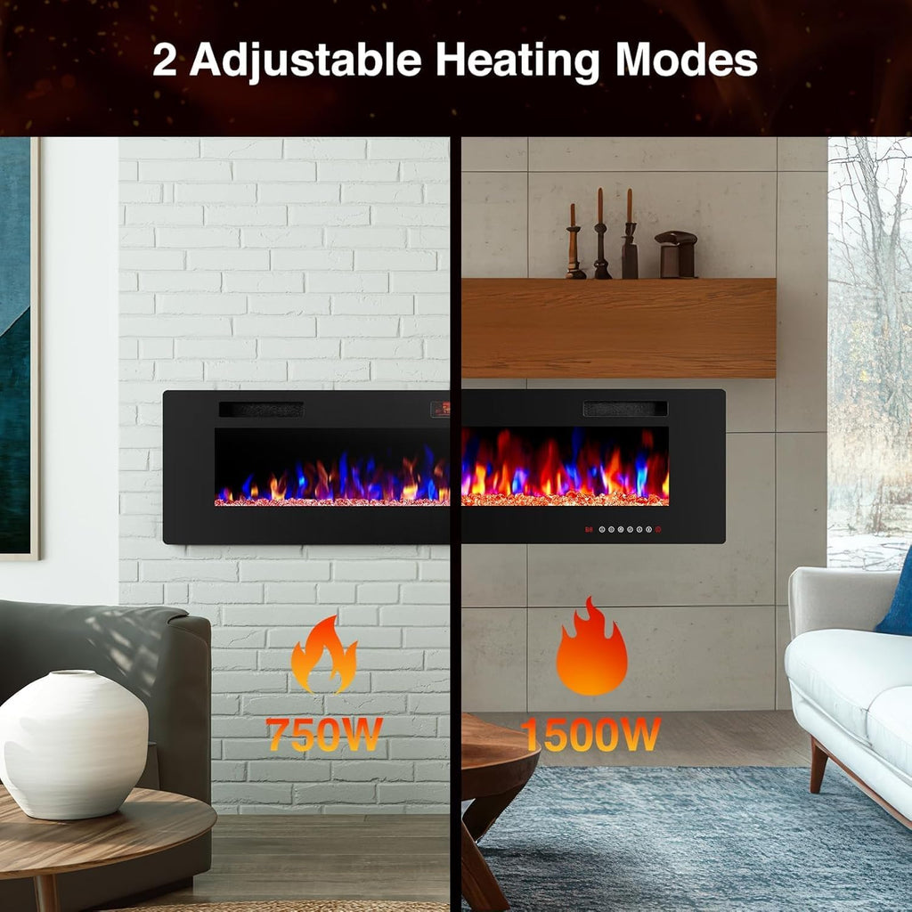 ZAFRO 50" Electric Fireplace with Remote Ultra-Thin & Quiet Wall-Mounted Recessed Heater, Adjustable 12-Color Flame, Brightness & Speed
