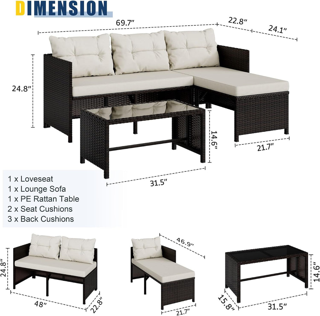 Vongrasig 3 Piece Patio Furniture Sets, All-Weather PE Wicker Outdoor Sofa Couch Sectional Set, Small Conversation Set for Garden/Patio w/Cushion, Glass Table, (Beige)