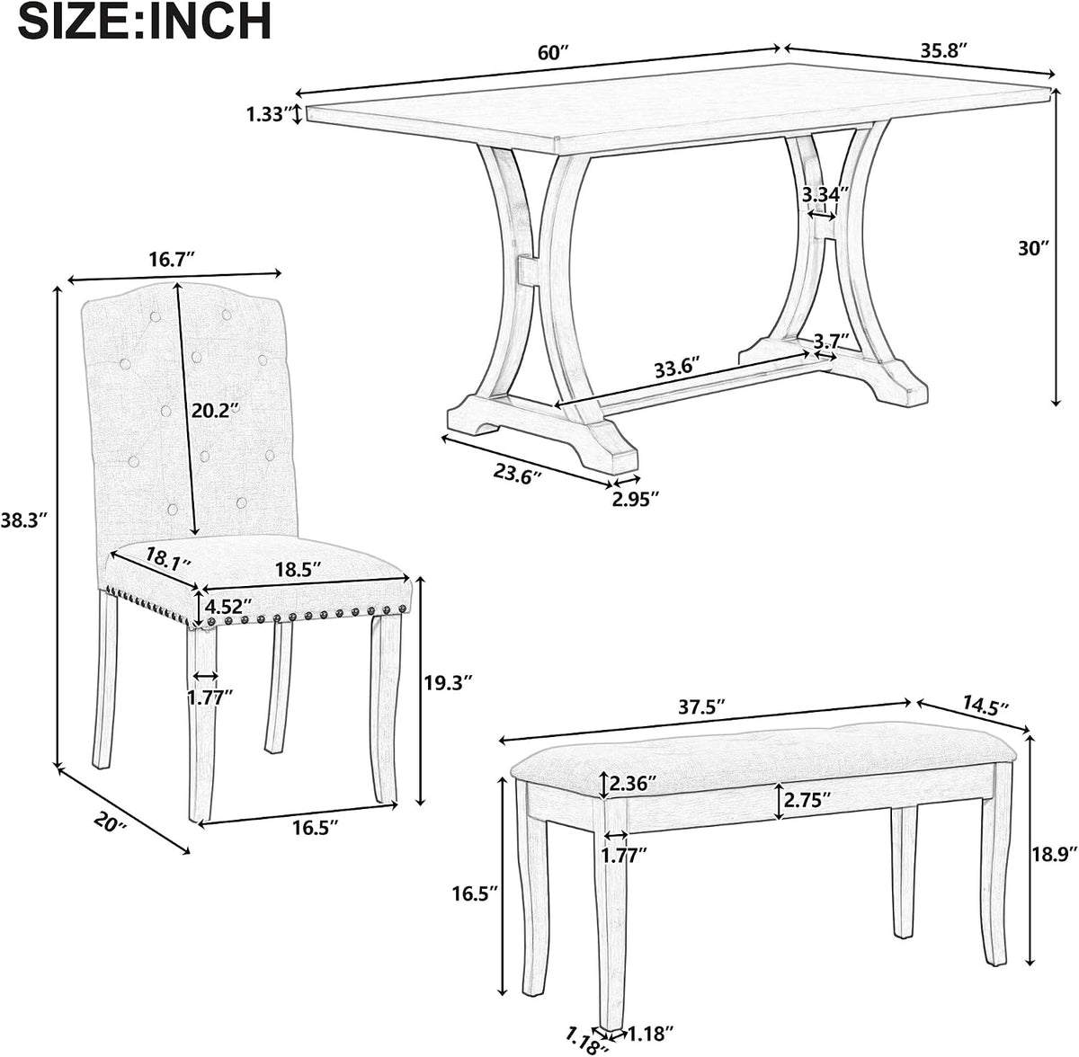 Mirightone Farmhouse Dining Table Set for 6, Kitchen Table Set with Chairs and Bench, 6 Piece Solid Wood Dining Room Set with Trestle Table Legs for Kitchen, Dining Room (Antique Grey)