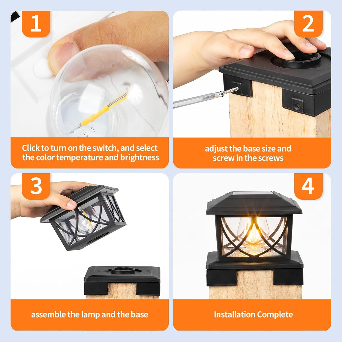 JOFIOS Solar Post Lights Outdoor 8pack, Adjustable Base Fits 3.5"–6" Square Posts, 3CCT and 2 Brightness Modes, Dusk to Dawn LED Edison Bulb Solar Fence Post Cap Lights IP65 Waterproof (Black)
