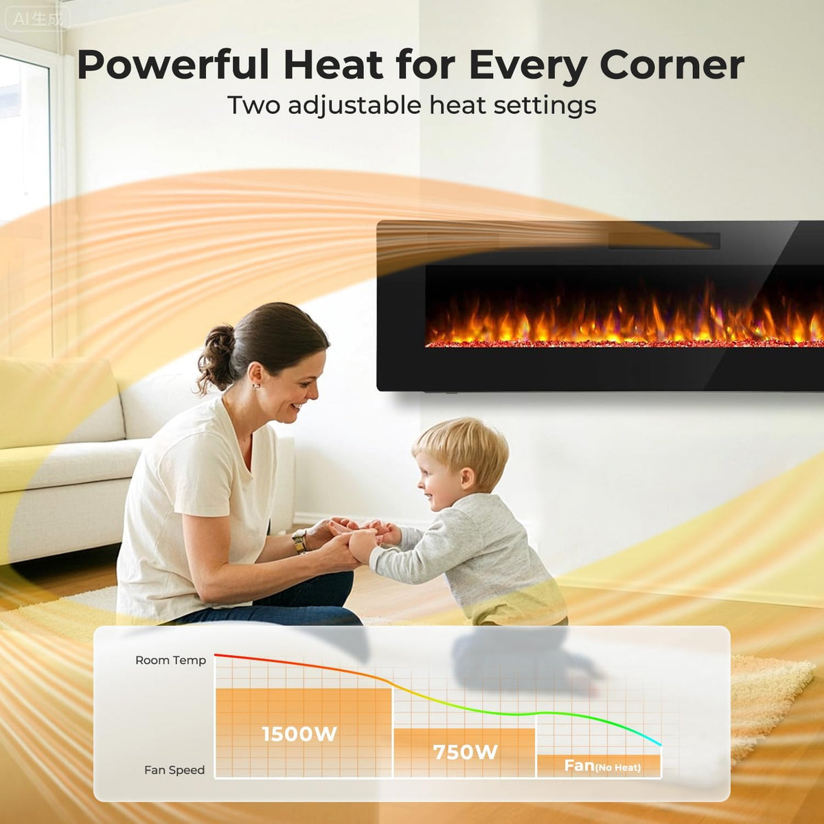 50" Electric Fireplace Recessed and Wall Mounted, 750/1500W Ultra-Thin Electric Fireplace Heater with Adjustable Flame Color and Brightness, Low Noise, Linear Fireplace for Living Room