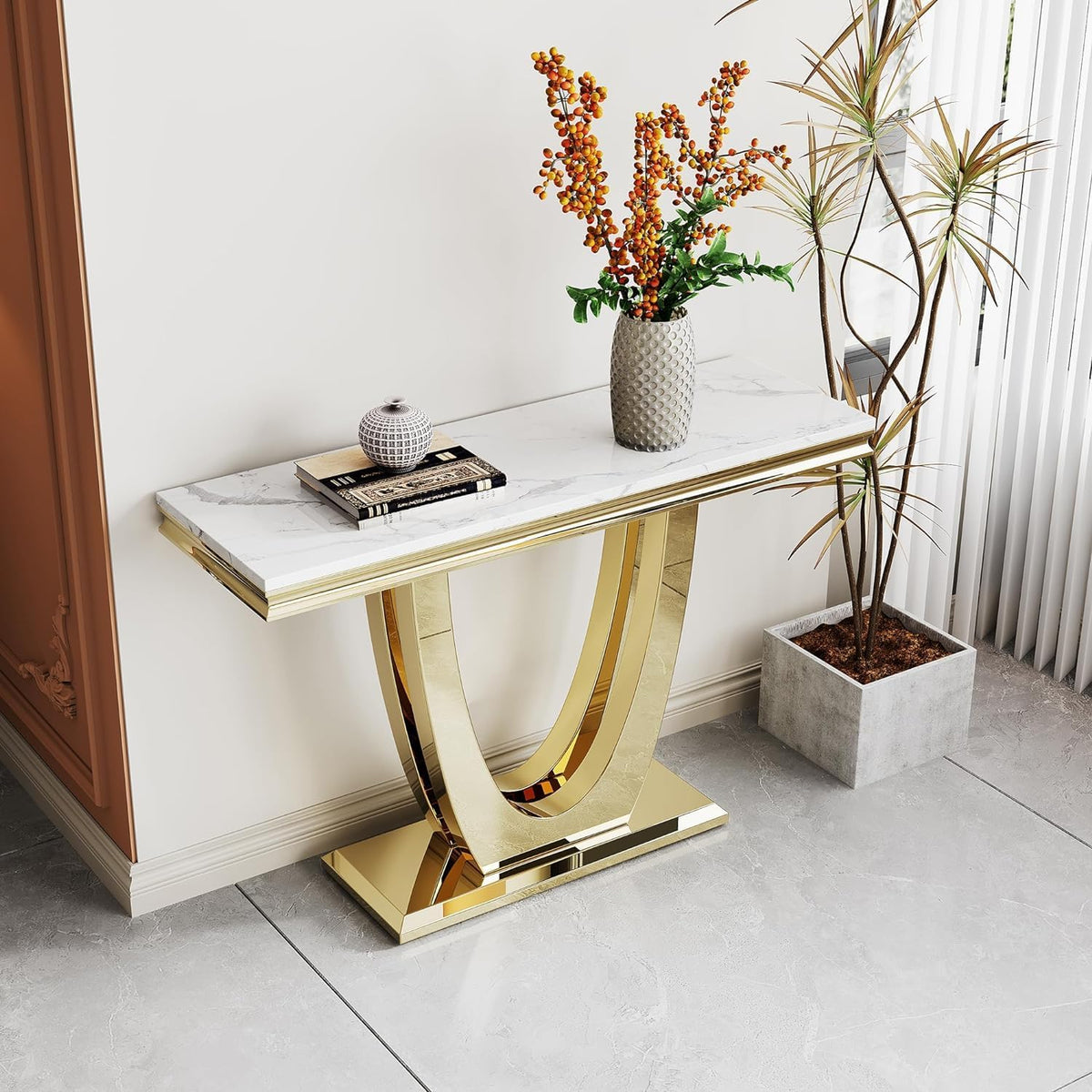 46.85" White Marble Console Table for Living Room, Faux Marble Sofa Table with Stainless Steel U-Base, Mid Century Modern Console Tables, Luxury Gold Long Narrow Entryway Hallway Tables