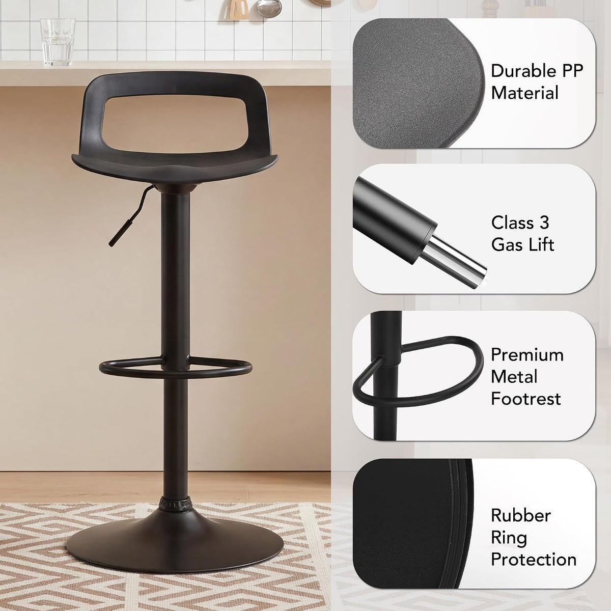 GOTMINSI Modern Adjustable Bar Stool - 300 lbs Capacity, Waterproof PP Seat, Chrome Metal Base, Swivel Counter Stool for Kitchen Island & Pub (4PCS,Black)
