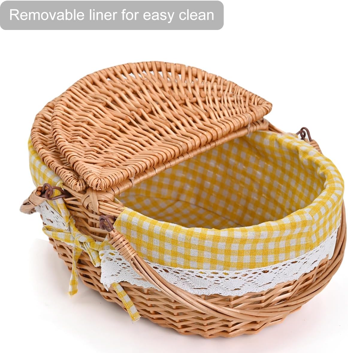 Large 15.4" Wicker Picnic Basket with Removable Liner Empty Picnic Baskets with Lid, Picnic Hamper with Foldable Handles for Picnic, Yellow Checkered, Large