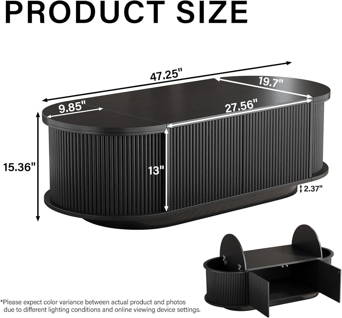 HSH 47" Oval Coffee Table with Storage, Black Coffee Table for Living Room